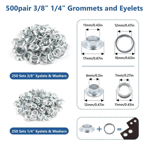 Easy Grommet Plier Kit With 500 Silver Eyelets 3/8-Inch And 1/4-Inch sizes depicted with measurements and washers.