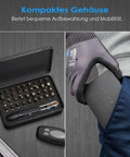 Compact Mini Ratchet Screwdriver Set With One Quarter Inch S2 Steel Bits in case and in pocket, close-up view