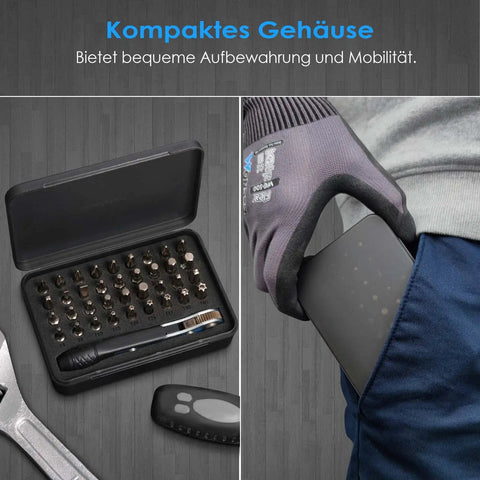 Compact Mini Ratchet Screwdriver Set With One Quarter Inch S2 Steel Bits in case and in pocket, close-up view