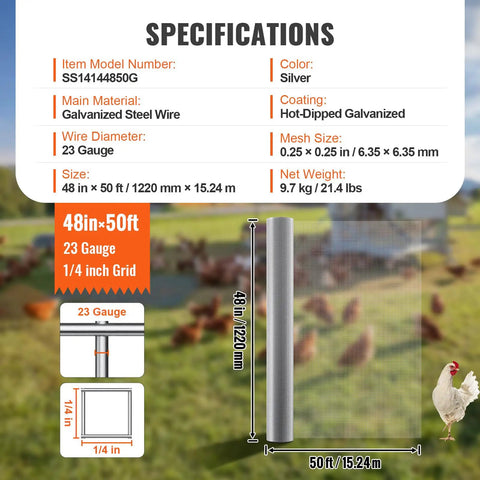 Heavy Duty 1/4 Inch Hardware Cloth 48 Inch Wide 50 Foot Roll 23 Gauge Hot Dipped Galvanized Wire Mesh specifications