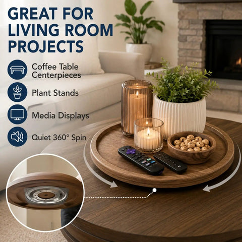 Built Tough Lazy Susan Hardware Six Pack, 9 Inch Turntable Bearings showing smooth spinning turntable with candles and plants.