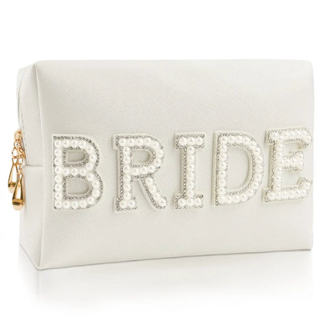 Bride Patch Makeup Bag With White Pearl Rhinestones For Women, Travel Toiletry Pouch For Purse, Totally Chic Bridesmaid Gift