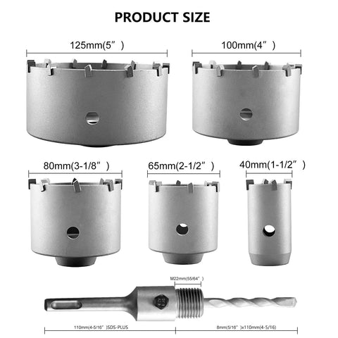Nine Piece Concrete Hole Saw Kit With 30mm 40mm 65mm 80mm 100mm Masonry Hole Saws, Tungsten Steel SDS Plus Shank Drill Bits shown
