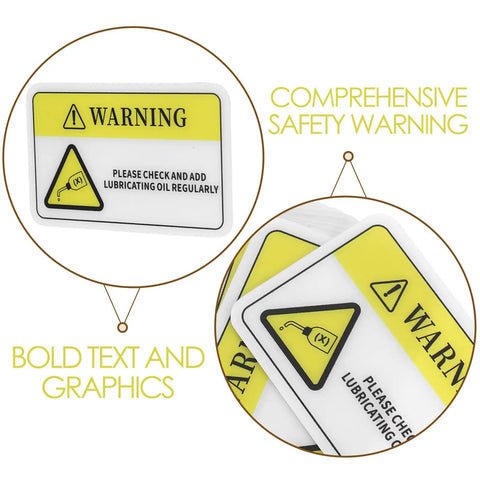PVC Machinery Safety Warning Stickers Ten Pack High Visibility Adhesive Labels for factory equipment showing warning and oil icon