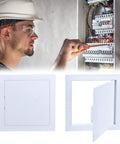 Rock Hard Eight By Eight Inch Drywall Access Panel Two Pack Abs Plastic Wall Cover Plate with electrician accessing wiring.