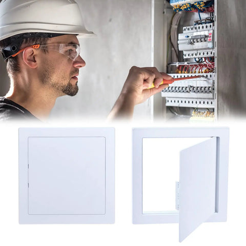 Rock Hard Eight By Eight Inch Drywall Access Panel Two Pack Abs Plastic Wall Cover Plate with electrician accessing wiring.