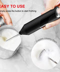 Powerful Milk Frother For Coffee And Lattes Fast Handheld Drink Mixer With Stainless Steel Whisk Battery Operated Wand BPA Free in use creating froth