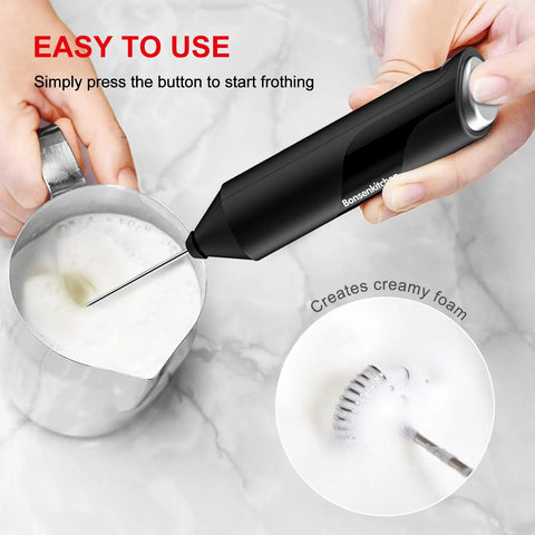 Powerful Milk Frother For Coffee And Lattes Fast Handheld Drink Mixer With Stainless Steel Whisk Battery Operated Wand BPA Free in use creating froth