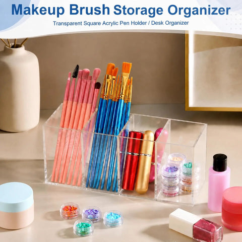 Clear Acrylic Desk Organizer Set 3 Pack With 4 Compartments Holds Pens Pencils Markers Rulers Makeup Brushes And Small Office Supplies