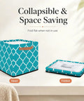 Moroccan Tile Foldable Storage Cube With Slick Reinforced Handles For Clothes And Linens Heavy Duty Waterproof Closet Organizer 13 Inch shelf bin shown open and folded.