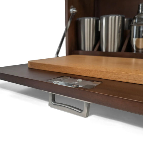 Sundowner Portable Travel Bar Kit With Handcrafted Wooden Case and Tools, open case detail with tumbler, shaker, and cutting board.