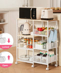Slick 4 Tier Rolling Kitchen Island Cart With Dreamy White Wood Top And Slatted Metal Storage Shelves Hella Spacious Coffee Bar Cabinet showcasing open shelves with appliances, fruits, and jars.
