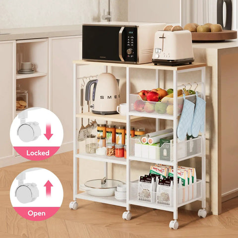 Slick 4 Tier Rolling Kitchen Island Cart With Dreamy White Wood Top And Slatted Metal Storage Shelves Hella Spacious Coffee Bar Cabinet showcasing open shelves with appliances, fruits, and jars.