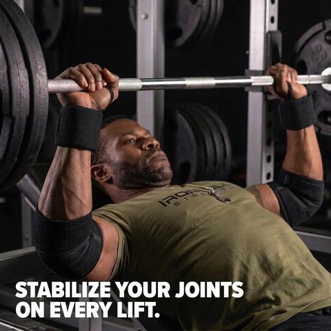 Man bench pressing wearing 18 Inch Wrist Wraps For Weightlifting And Powerlifting With Thumb Loop, Premium Gym Wrist Support