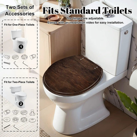 Generic Toilet Seat Replacement Round Slow Quiet Close Resin Wood Bathroom on standard toilet with adjustable hinges.