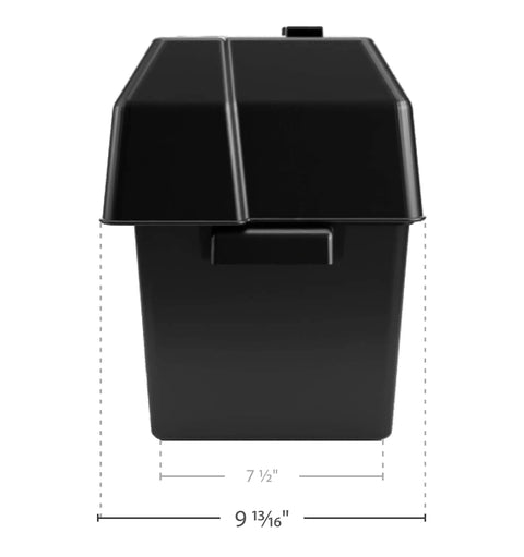 Built Like A Tank Heavy Duty Corrosion Resistant Polymer Battery Box front view, measuring 9 13/16 x 7 1/2 x 11 3/16 in.