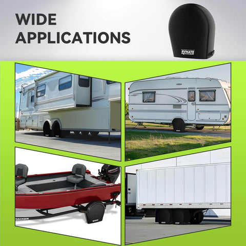 Image collage of RV, trailer, boat, and truck using Four Pack RV Tire Covers Fits 27 To 29 Inch Tires Waterproof UV Resistant Black Wheel Covers.