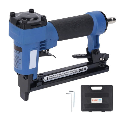 Heavy Duty Air Brad Nailer With Ergonomic Rubber Grip And Lightweight Aluminum Frame Engineered For Zero Bindups And Smooth Shooting on a work surface.