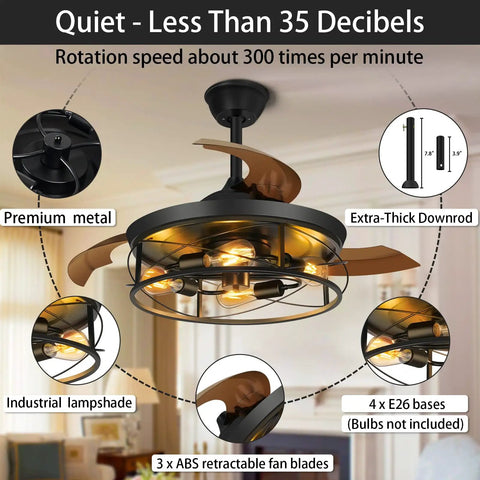 42 Inch Retractable Ceiling Fan With Lights Remote Control And Wall Switch Inverter Dual Control Six Speeds Industrial Design