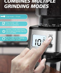 Close-up of Conical Burr Espresso Grinder With 51mm Stepless Electric Bean Grinder, digital timer display, and grind settings in use.