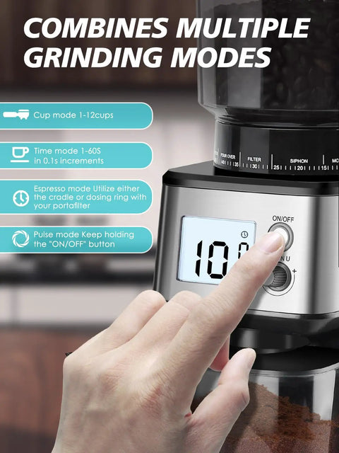 Close-up of Conical Burr Espresso Grinder With 51mm Stepless Electric Bean Grinder, digital timer display, and grind settings in use.