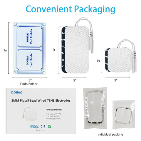 Heavy Duty Tens Therapy Pads With Pad Holder 24 Pack in convenient packaging with sizes specified for easy use.
