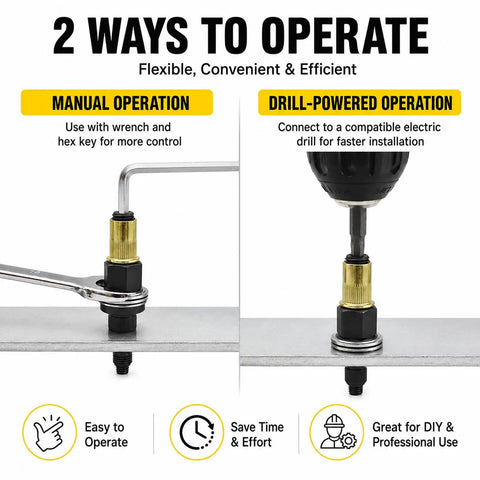 Heavy Duty Carbon Steel Manual Rivet Nut Tool Kit With Interchangeable Heads For Threaded Inserts Multi Size Set For Sheet Metal Tubing Brackets And Furniture Repairs DIY Friendly Pro Grade, manual and drill use