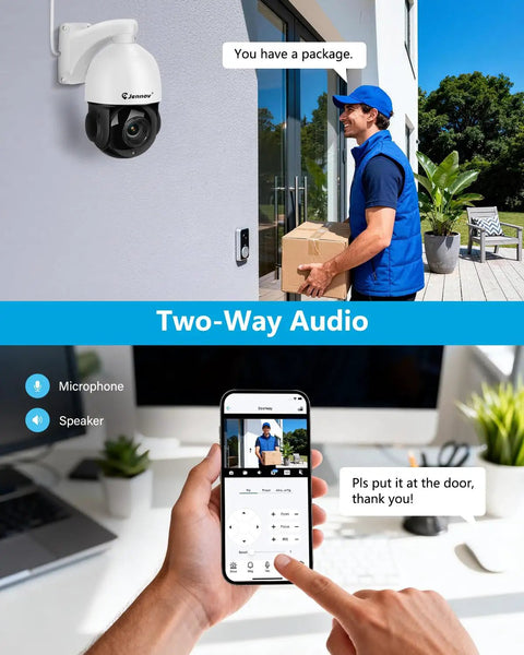Top Shelf 4K 8MP Poe PTZ Outdoor Security Camera Delivering A Legit 20X Optical Zoom, monitoring delivery at a door.