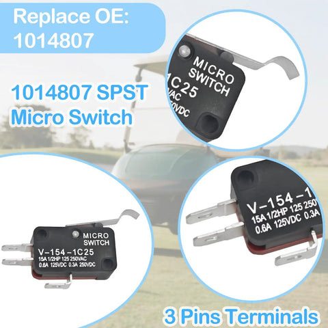 Close-up of Club Car Golf Cart Micro Switch Kit Two And Three Prong Replacement Set 1014808 And 1014807 showing three pins terminals.