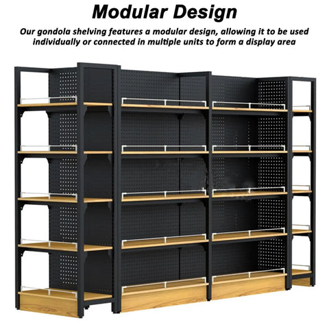 Built Tough Heavy Duty Double Sided Gondola Shelving Unit Commercial Retail Display Rack Adjustable Steel Frame With Wood Shelves Kickback Guardrail Pegboard Backing Pro Shop Ready Setup