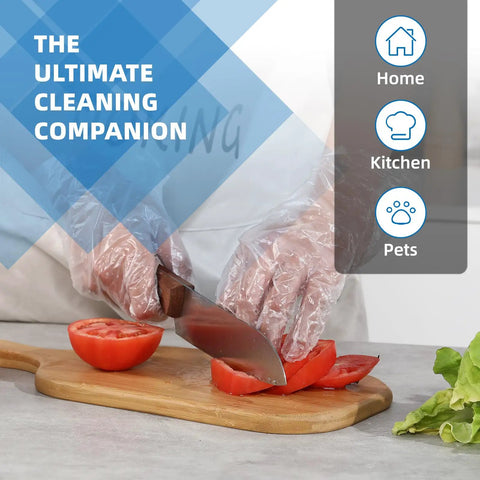 Disposable Poly Food Prep Gloves One Size Fits Most Clear 500 Count Pack Of 1 Ultra Thick Polyethylene Food Handling Gloves For Kitchen Cooking And Baking, hands cutting tomatoes.