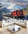 Self Adhesive Train Wall Mural With Steam Locomotive Design, 3D Depth, living room decor, 118 in x 82.7 in, mountain backdrop