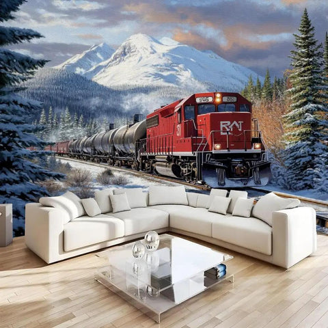 Self Adhesive Train Wall Mural With Steam Locomotive Design, 3D Depth, living room decor, 118 in x 82.7 in, mountain backdrop
