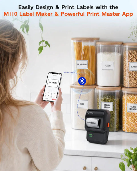 Dead Simple Wireless Bluetooth Label Printer With Tape Slick Portable Unit generates address and barcode labels on jars.