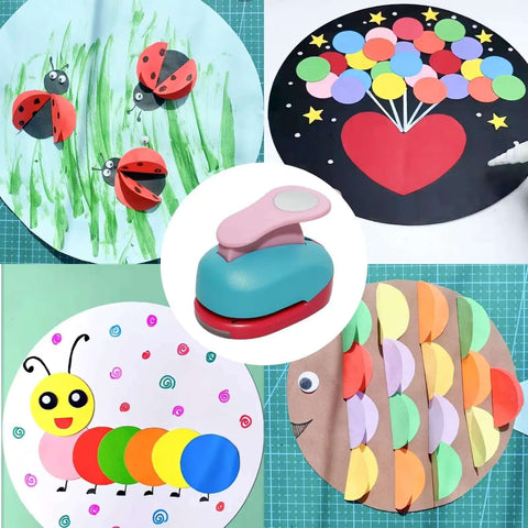 2 Inch Circle Hole Punch For Crafting And Scrapbooking with paper punch shapes in ladybug, balloon heart, caterpillar, and fish designs.