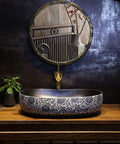 USZWBY Vessel Sinks Bathroom Vessel Sink Creative Ceramic Washbasin Retro Art Countertop Basin with faucet on wooden vanity.