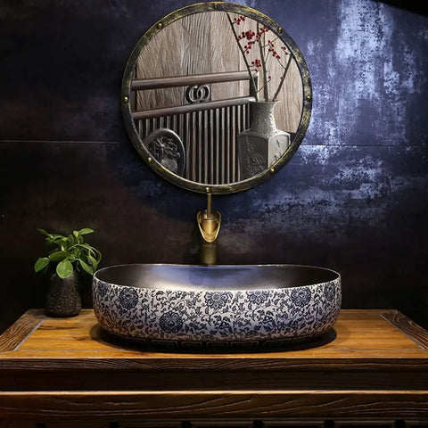 USZWBY Vessel Sinks Bathroom Vessel Sink Creative Ceramic Washbasin Retro Art Countertop Basin with faucet on wooden vanity.