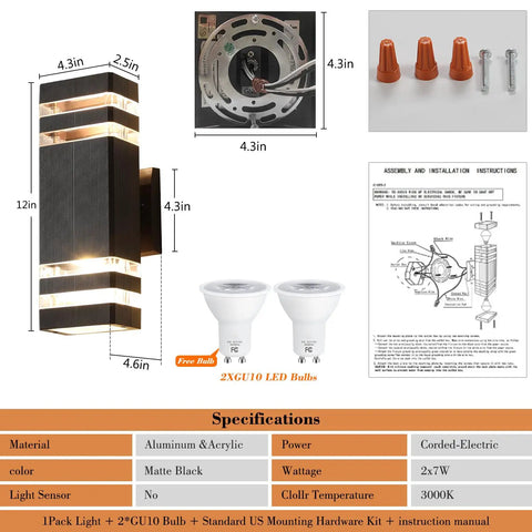 Up And Down LED Outdoor Wall Light Fixture In Aluminum IP65 Rated For Porch Patio And Garage Warm White 3000K with specifications