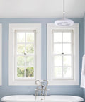 11" E26 Socket Ceiling Fan with Light, Dimmable 3 Color LED Fan Light hanging in a blue bathroom with windows.