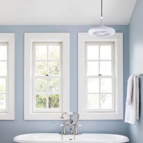11" E26 Socket Ceiling Fan with Light, Dimmable 3 Color LED Fan Light hanging in a blue bathroom with windows.