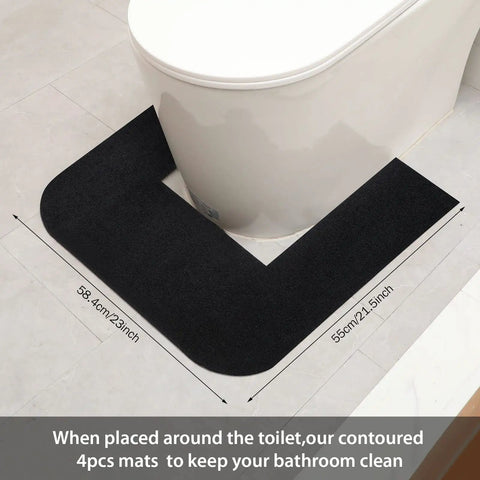Black Six Pack Commode Mats For Odor Control And Urine Spills placed around a toilet with measurements shown