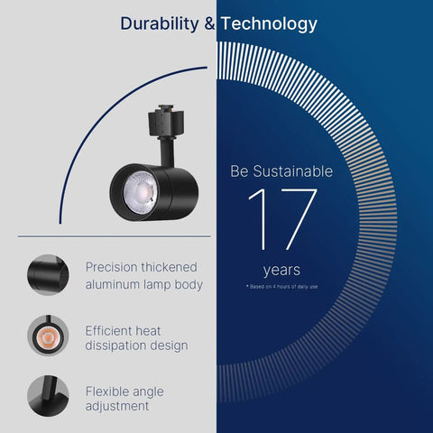 12W LED J Type Track Lighting Heads, 75W Equivalent, black finish with aluminum body, details on durability and sustainability