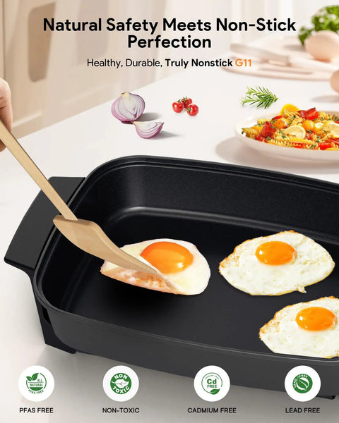 Cooking eggs in Medley XL Digital Electric Skillet Family Size Griddle With Glass Lid 100 To 425F Precision Heating 7 Qt PFAS Free