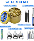Accessories for 2 In 1 Soldering Iron And Hot Air Rework Station With LED Display, including brass tip cleaner and solder sucker.