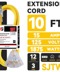 10 Ft 12 Gauge Heavy Duty Extension Cord With 3 Outlets Lighted End For Indoor Outdoor Use 125V 15A 1875W SJTW Yellow UL