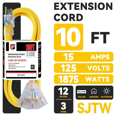 10 Ft 12 Gauge Heavy Duty Extension Cord With 3 Outlets Lighted End For Indoor Outdoor Use 125V 15A 1875W SJTW Yellow UL