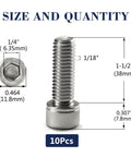 Hardcore 5/16-18 X 1-1/2 Inch Socket Head Cap Screws 10 Pack 304 Stainless Steel measurements and details.