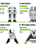 Front view of the 4 Piece Bolt Cutter Set with 14 inch heavy duty bolt cutter, 8 inch mini bolt cutter, wire and rope cutters, handles visible.