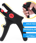 Pro Grade Wire Stripper With Cutter And Self Adjusting Mechanism For Electronics Auto And Home Wiring Great For Copper Coaxial Aluminum Wire Durable Steel And Nylon Build Lightweight And Long Lasting shown with ergonomic grip and angled head design, held by hand.