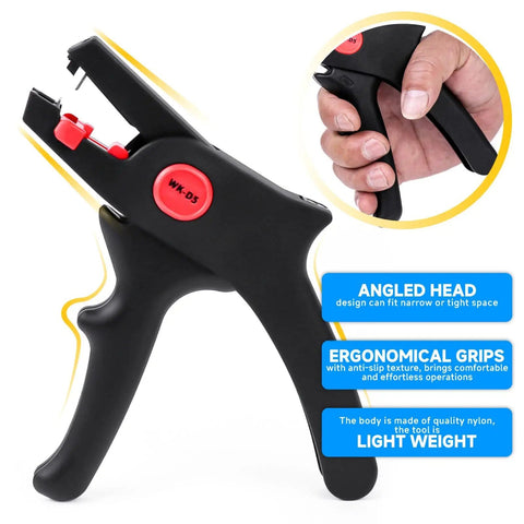 Pro Grade Wire Stripper With Cutter And Self Adjusting Mechanism For Electronics Auto And Home Wiring Great For Copper Coaxial Aluminum Wire Durable Steel And Nylon Build Lightweight And Long Lasting shown with ergonomic grip and angled head design, held by hand.